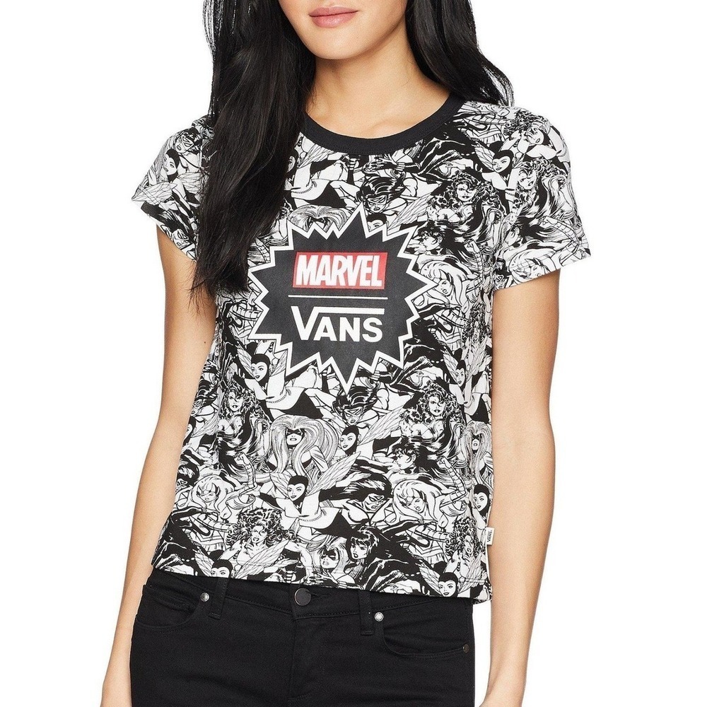 Marvel Vans Comic Women's Graphic Baby Tee XS Black White Superheroes